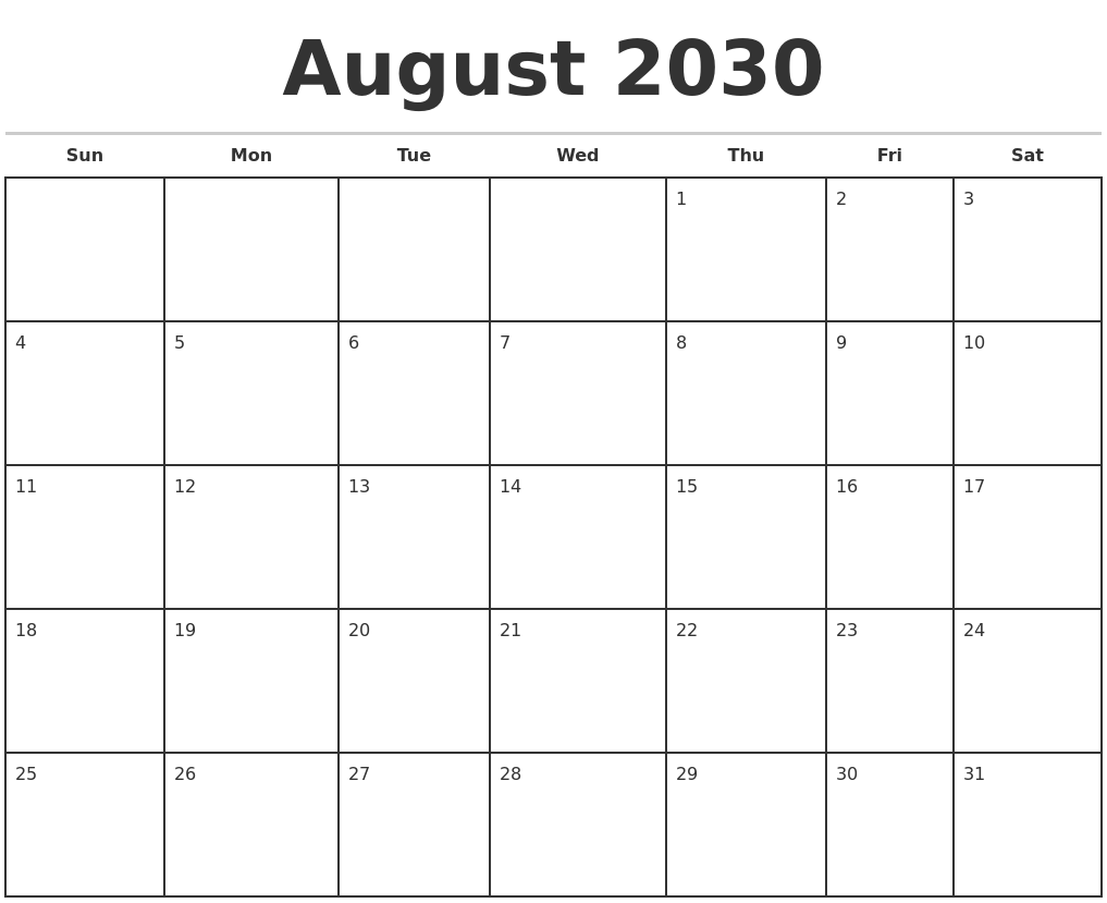 August 2030 Monthly Calendar Template