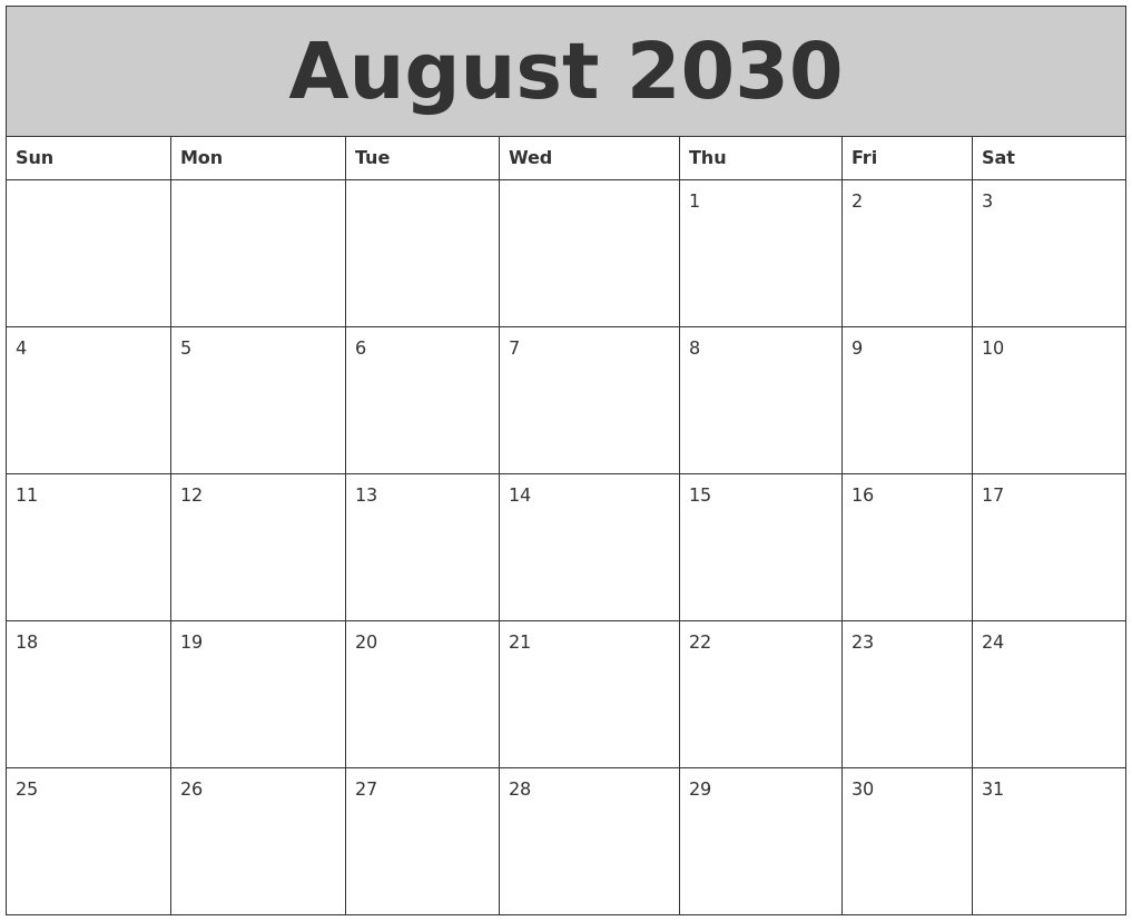 August 2030 My Calendar