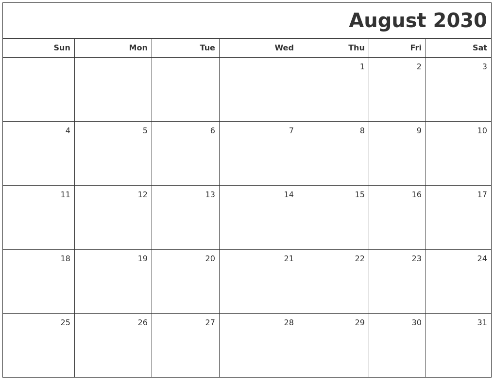 August 2030 Printable Blank Calendar