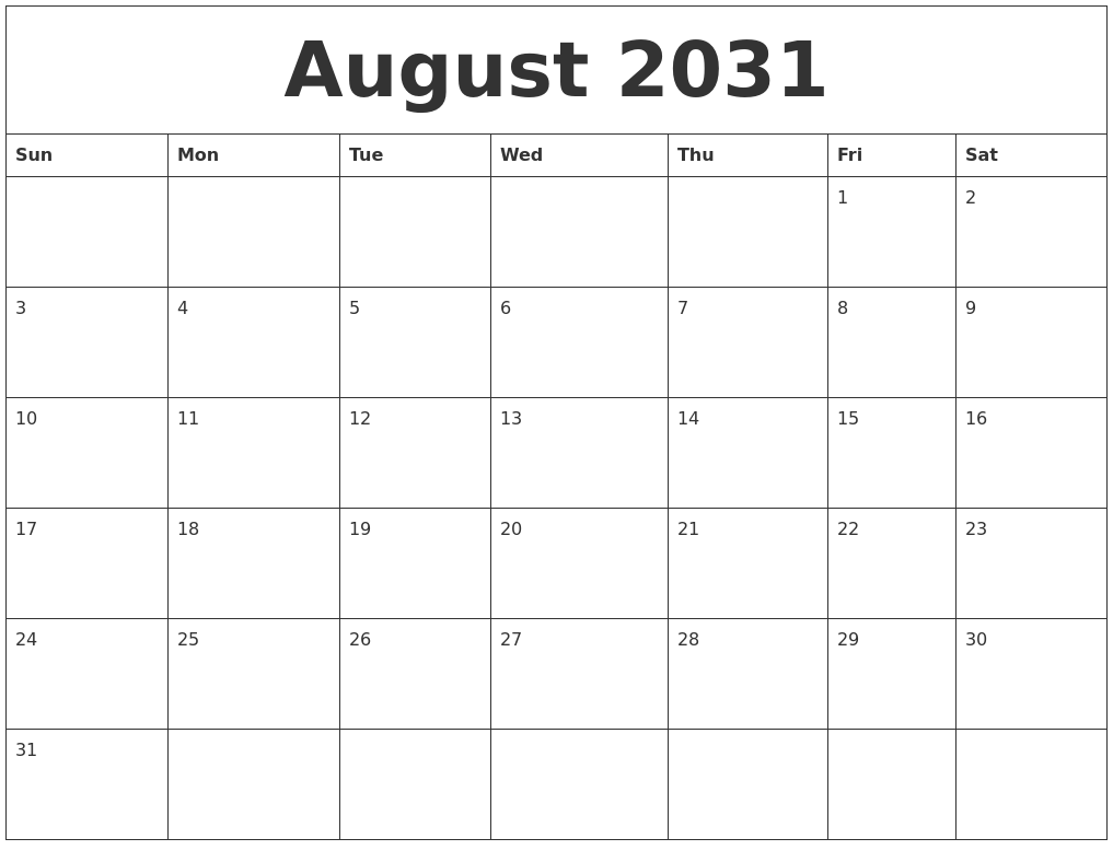 August 2031 Blank Calendar Printable