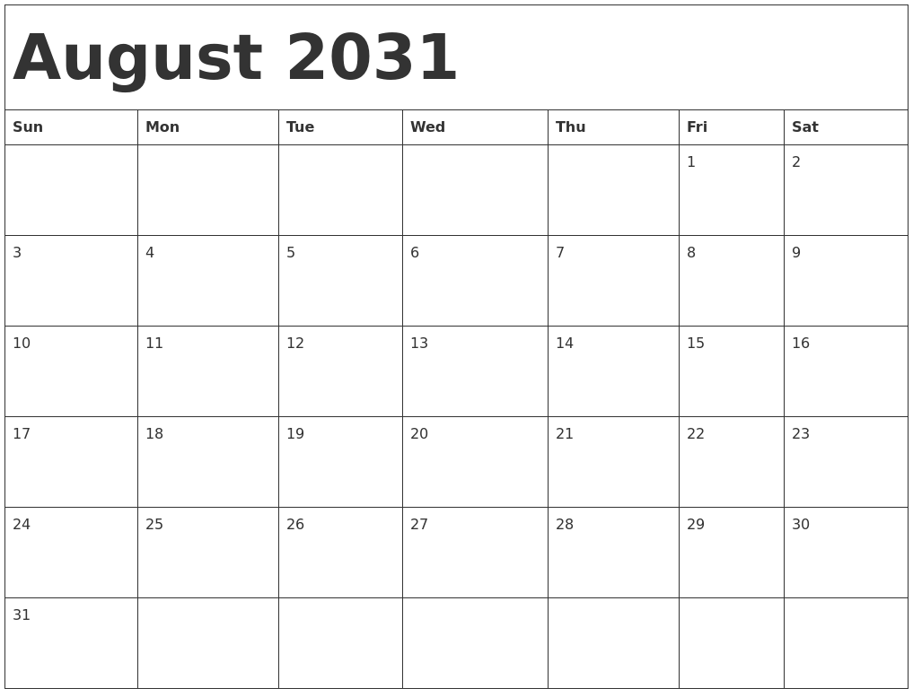 August 2031 Calendar Template