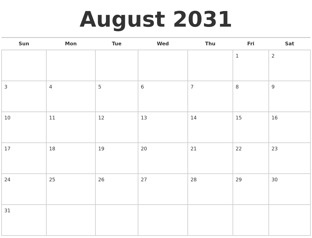 August 2031 Calendars Free