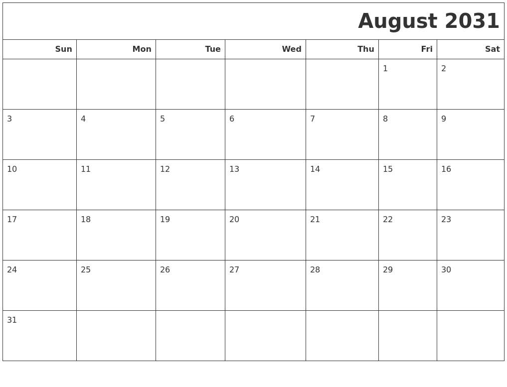 August 2031 Calendars To Print