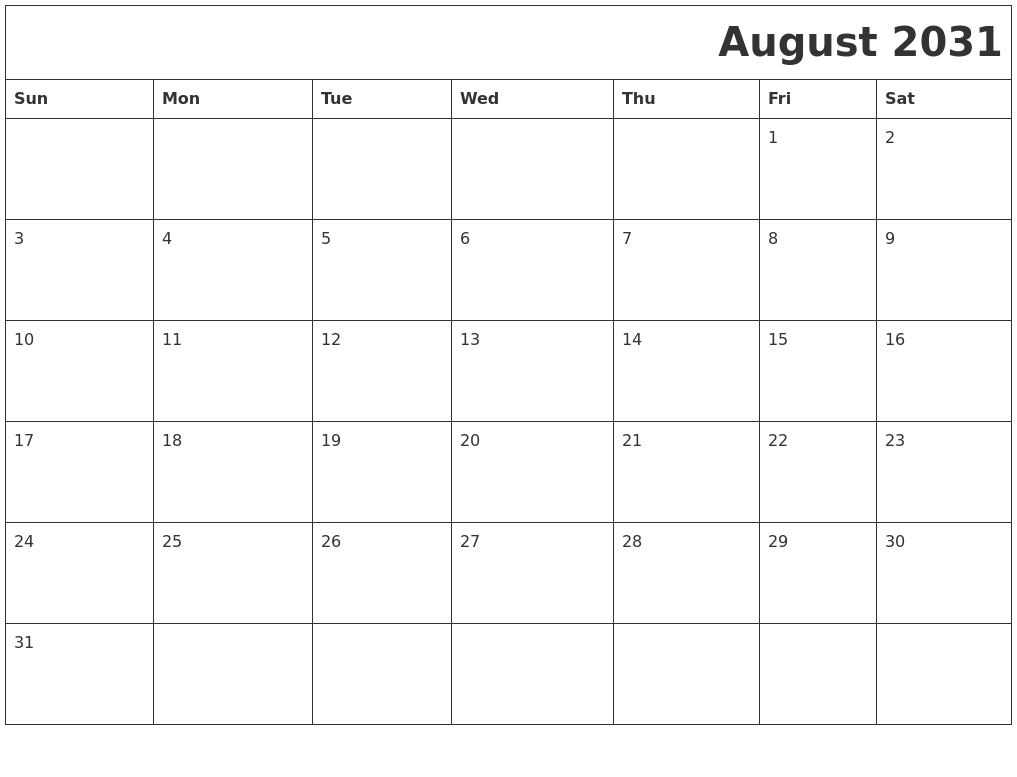 August 2031 Download Calendar