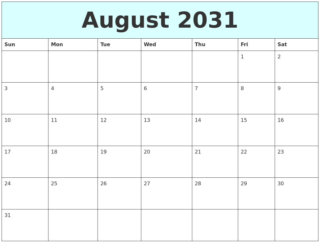 August 2031 Free Calendar