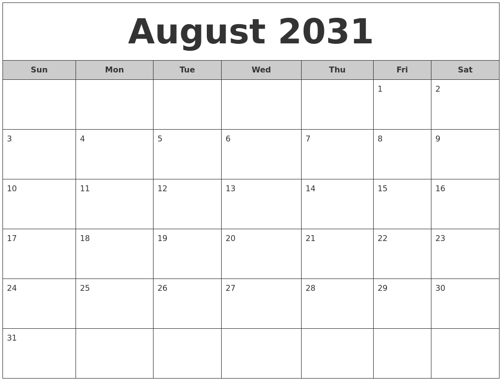 August 2031 Free Monthly Calendar