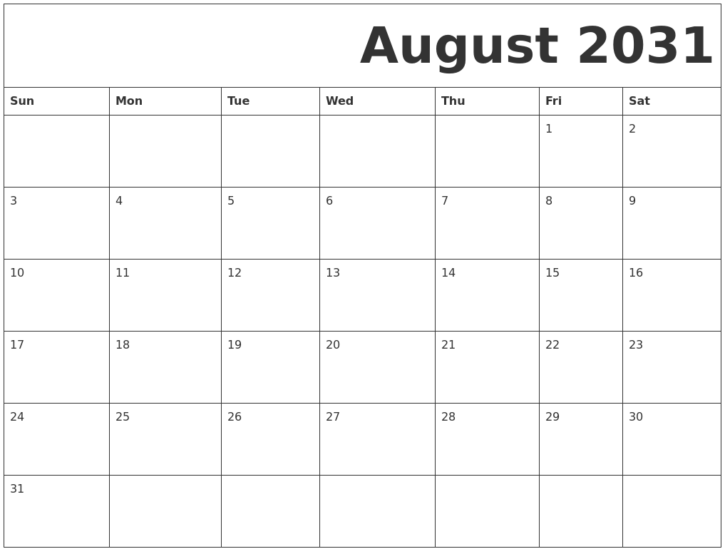 August 2031 Free Printable Calendar