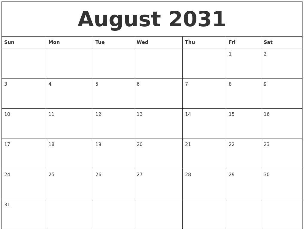 August 2031 Free Printable Weekly Calendar