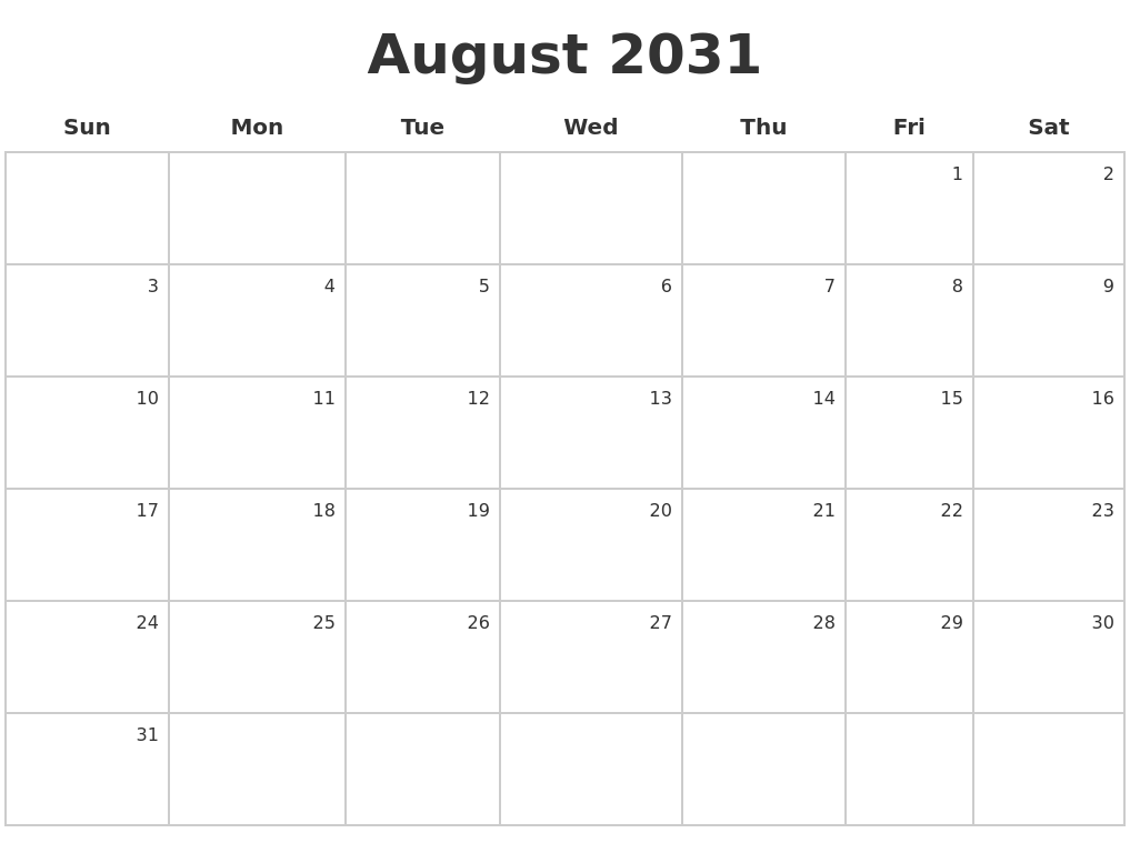 August 2031 Make A Calendar