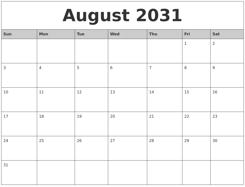 August 2031 Monthly Calendar Printable