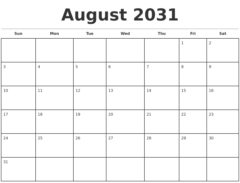 August 2031 Monthly Calendar Template