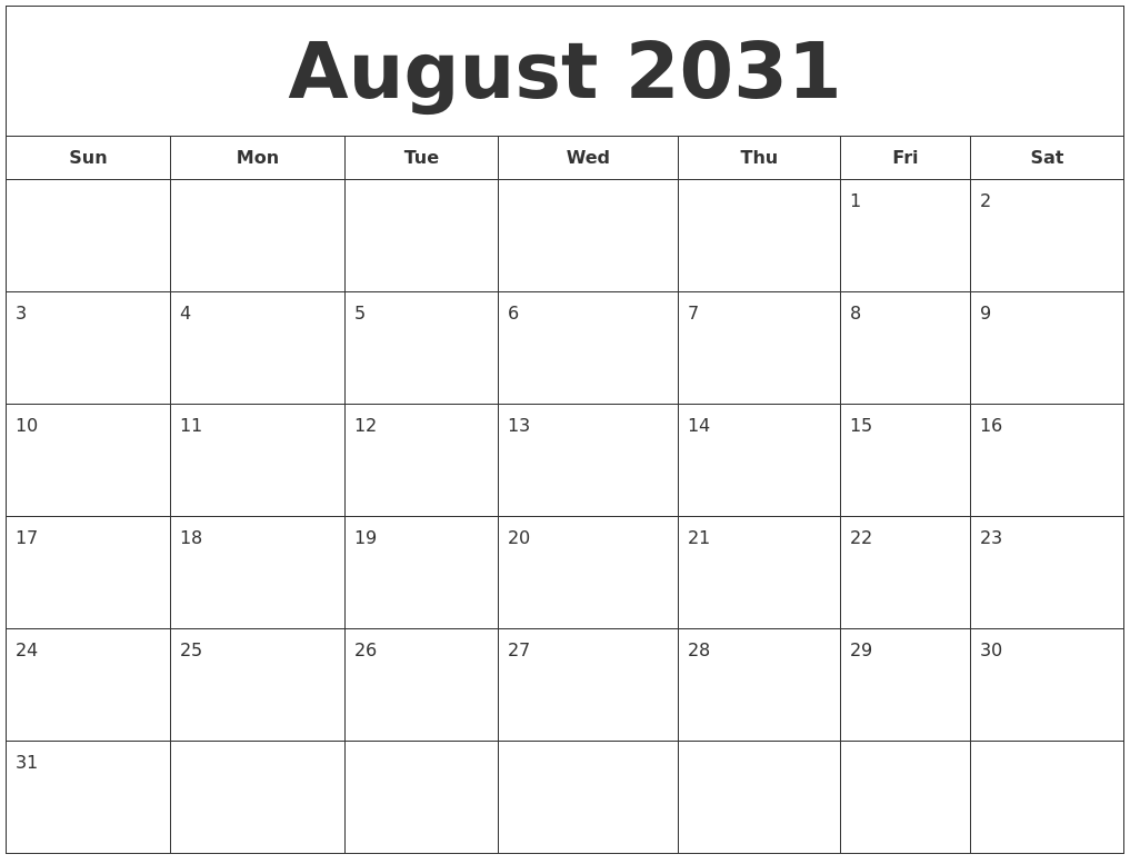 August 2031 Printable Calendar