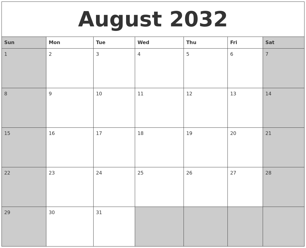 August 2032 Calanders