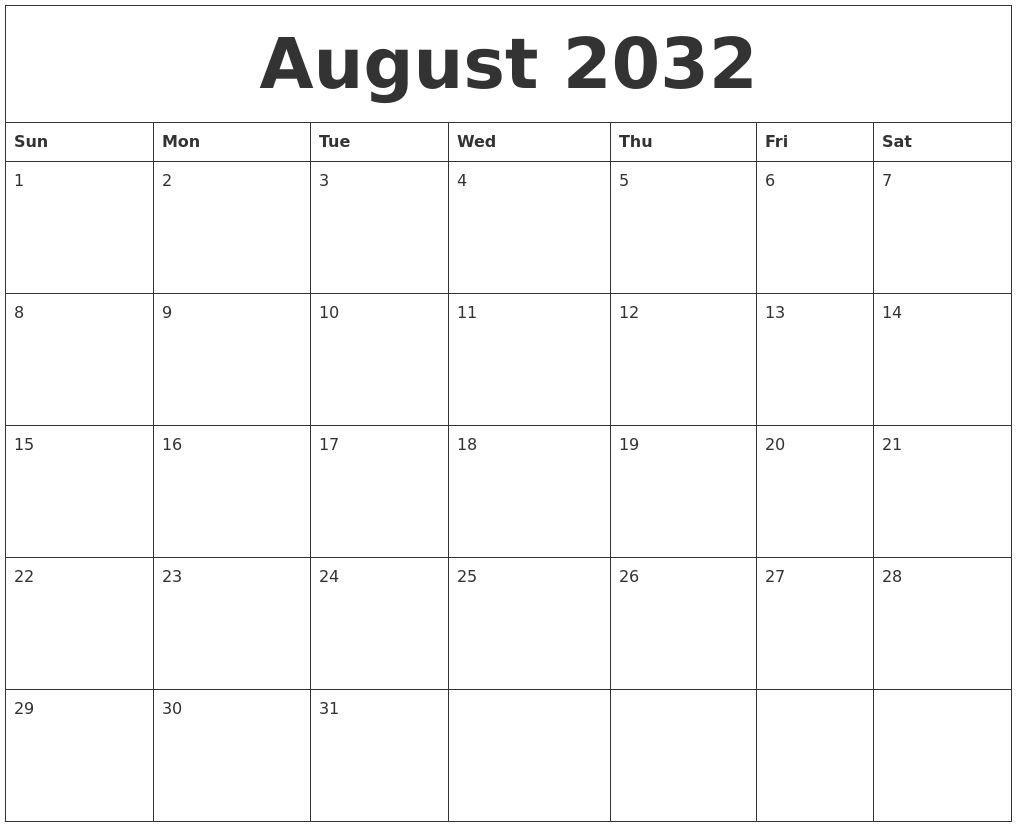 August 2032 Calendar For Printing