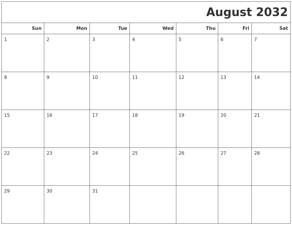 August 2032 Calendars To Print