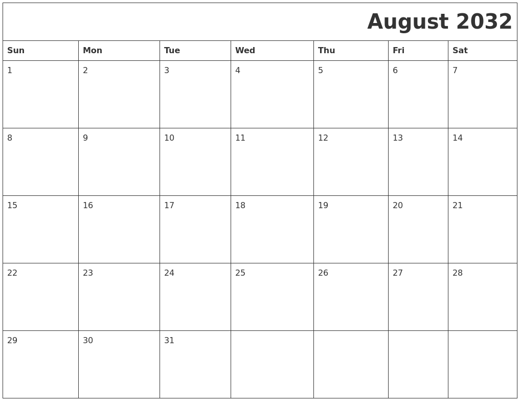 August 2032 Download Calendar