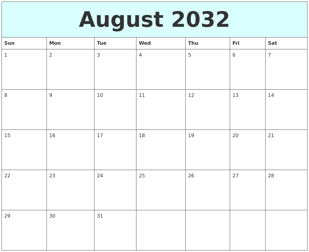 August 2032 Free Calendar