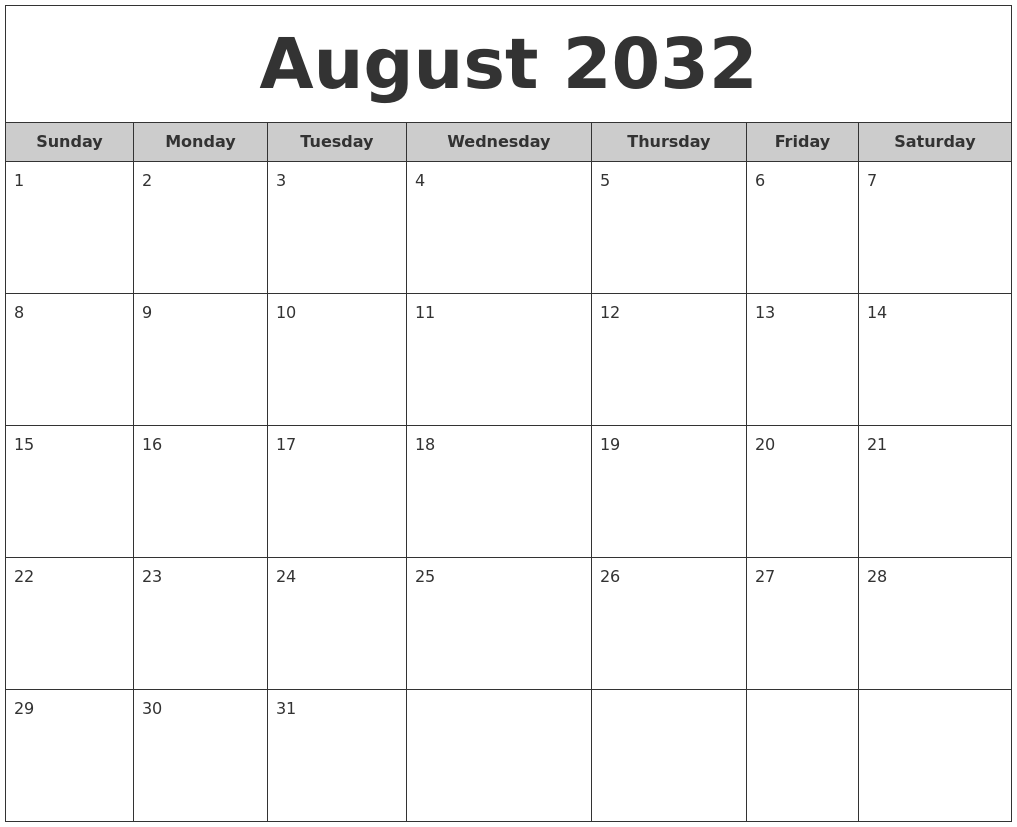 August 2032 Free Monthly Calendar