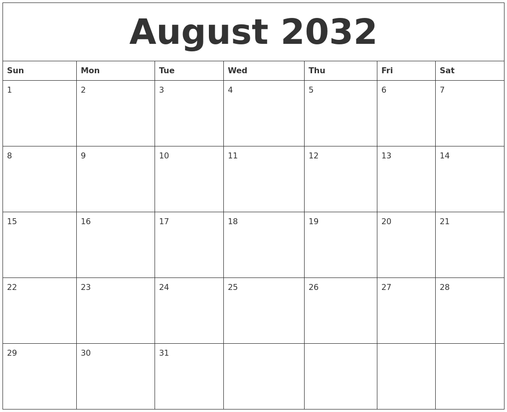 August 2032 Free Monthly Calendar Template