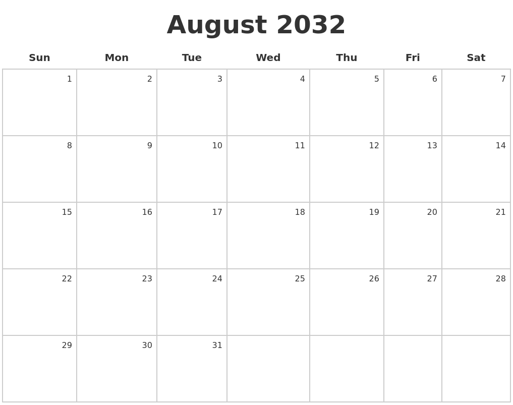 April 2032 Monthly Calendar Template