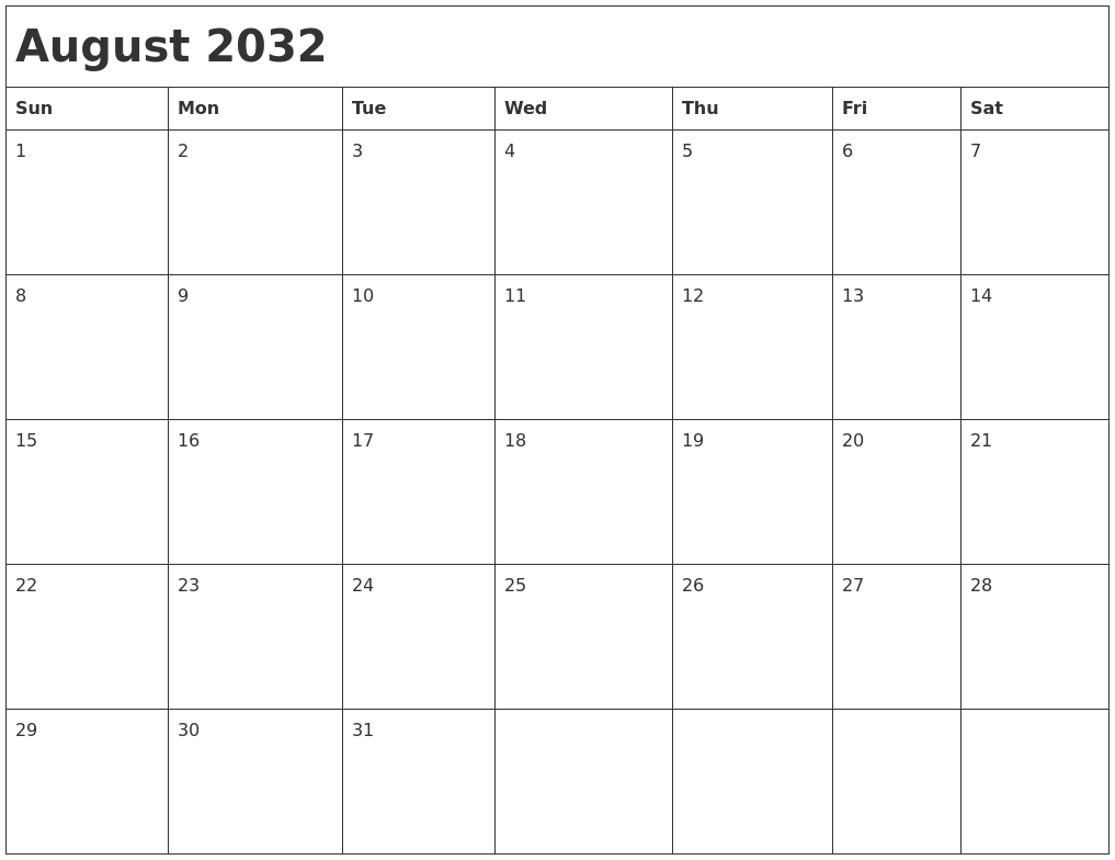 August 2032 Month Calendar