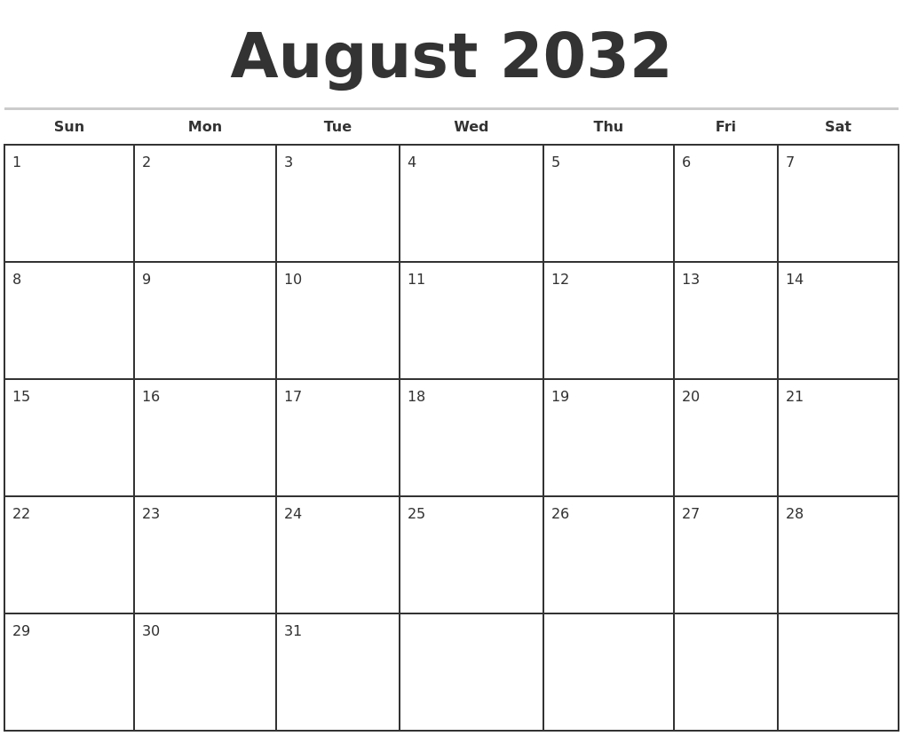 August 2032 Monthly Calendar Template