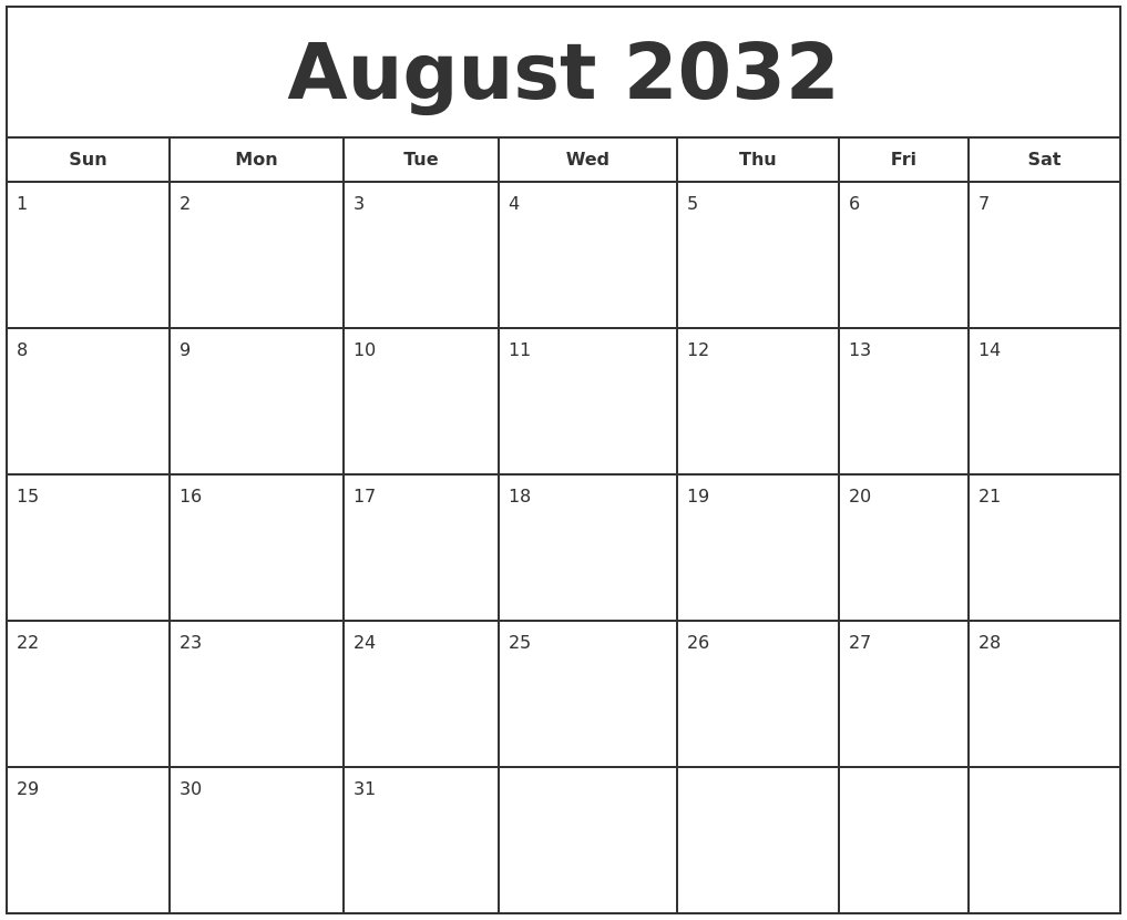August 2032 Print Free Calendar