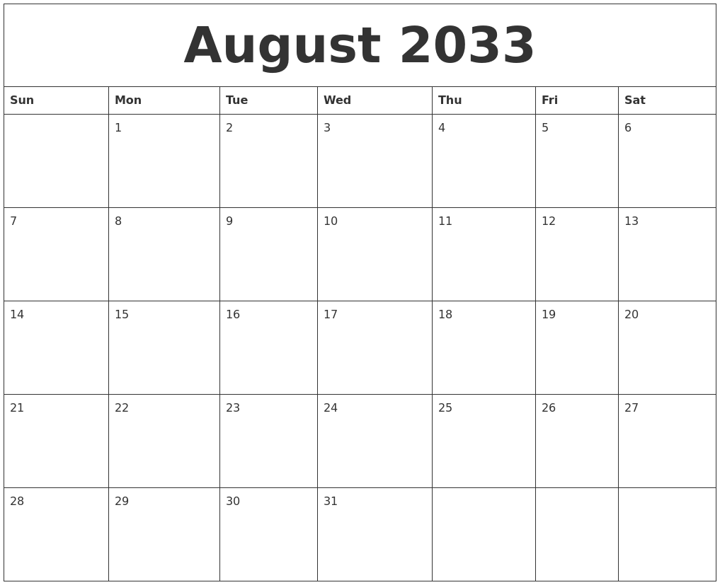 August 2033 Birthday Calendar Template