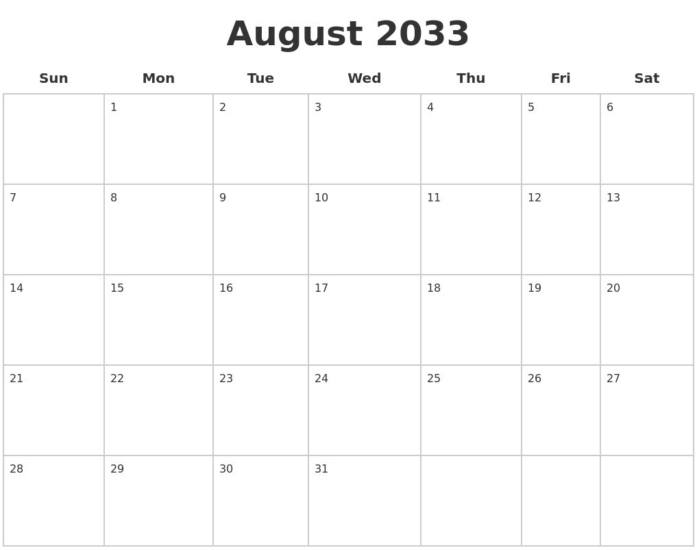 August 2033 Blank Calendar Pages