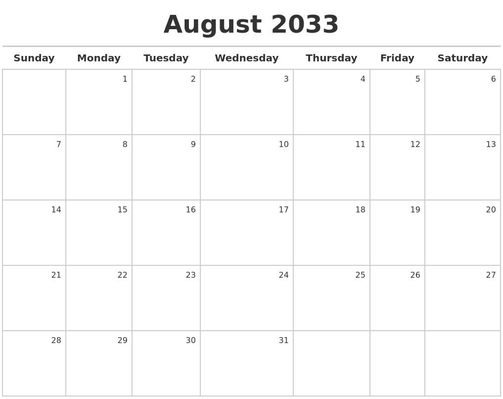 August 2033 Calendar Maker