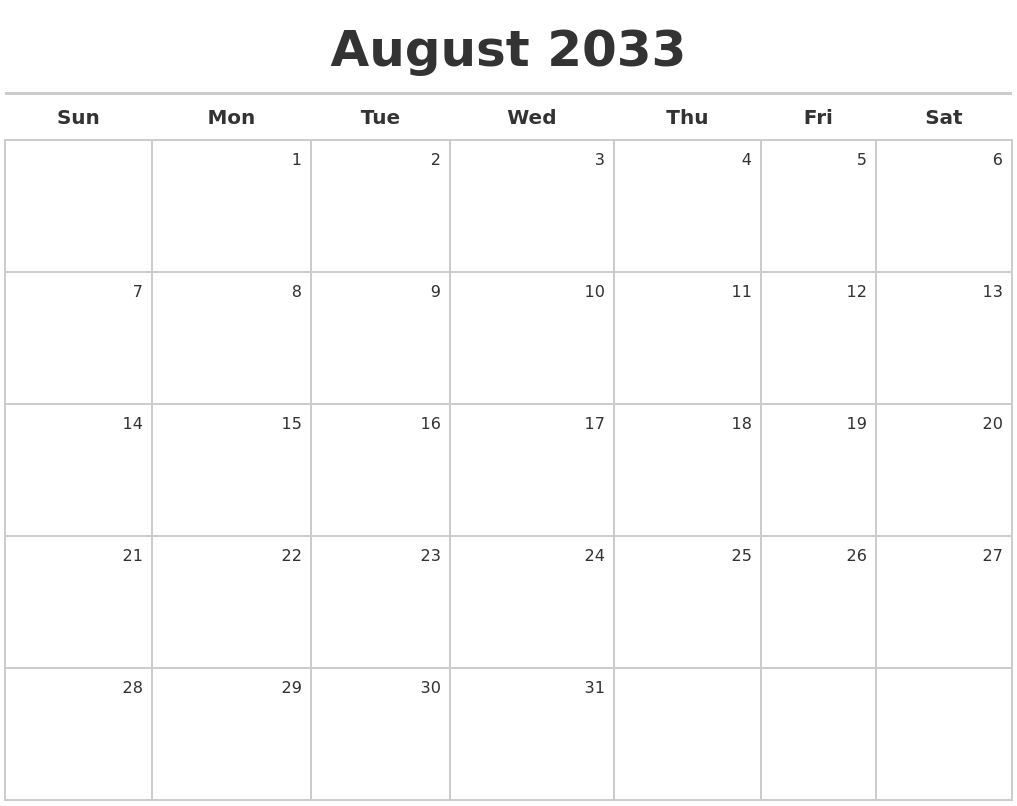 August 2033 Calendar Maker
