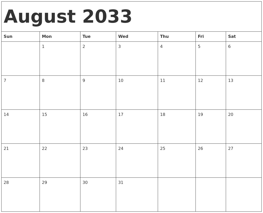August 2033 Calendar Template