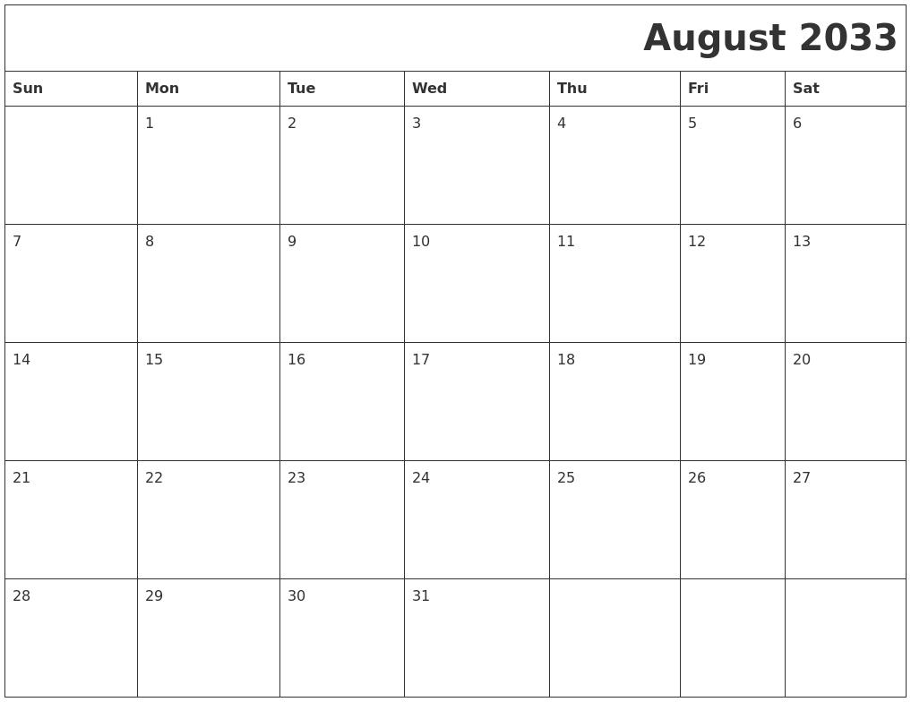August 2033 Download Calendar