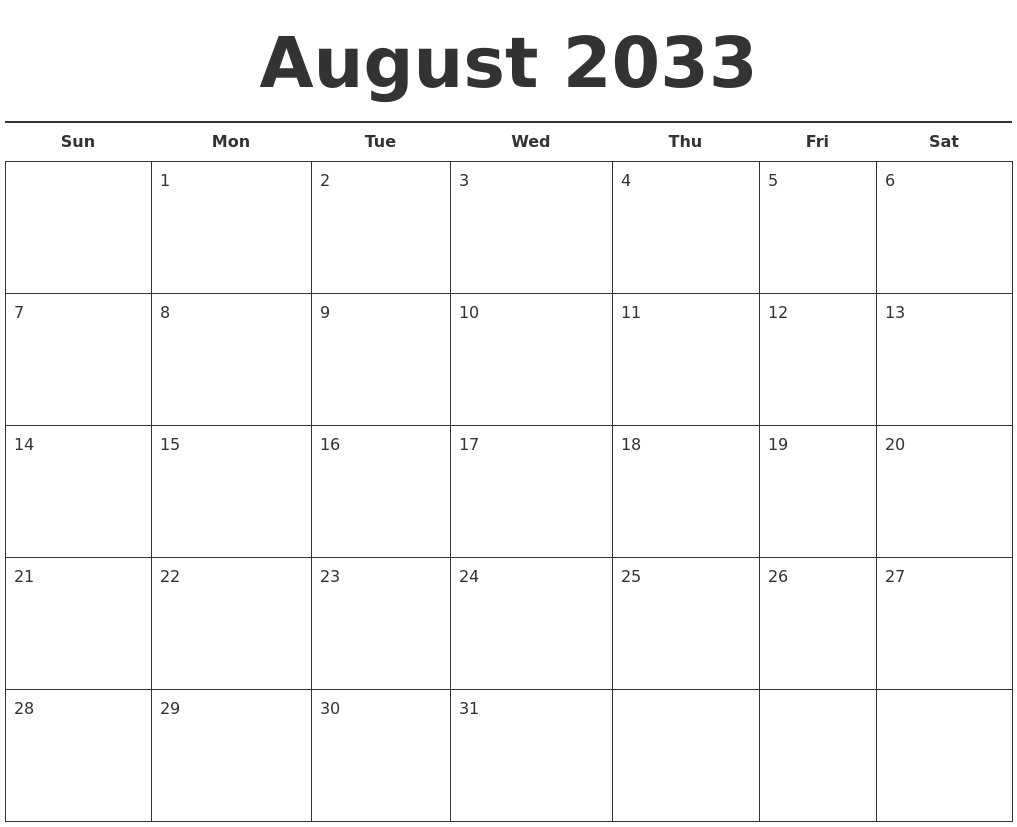 August 2033 Free Calendar Template