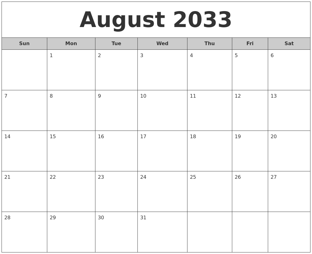 August 2033 Free Monthly Calendar