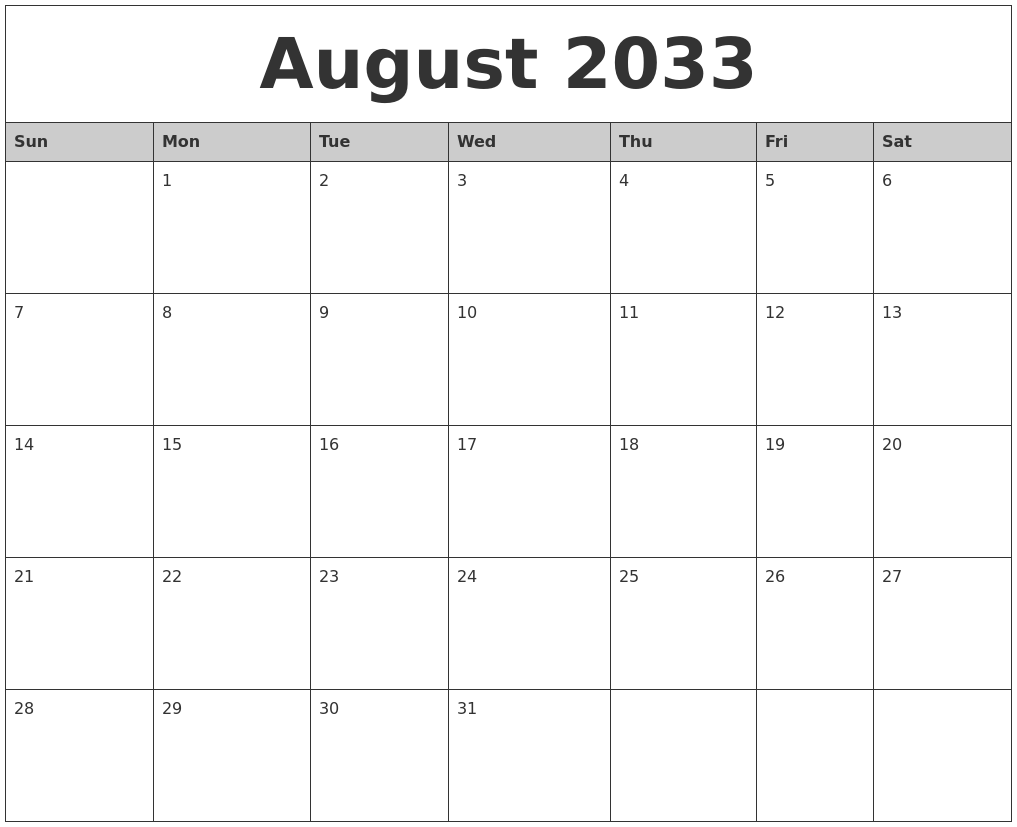 August 2033 Monthly Calendar Printable