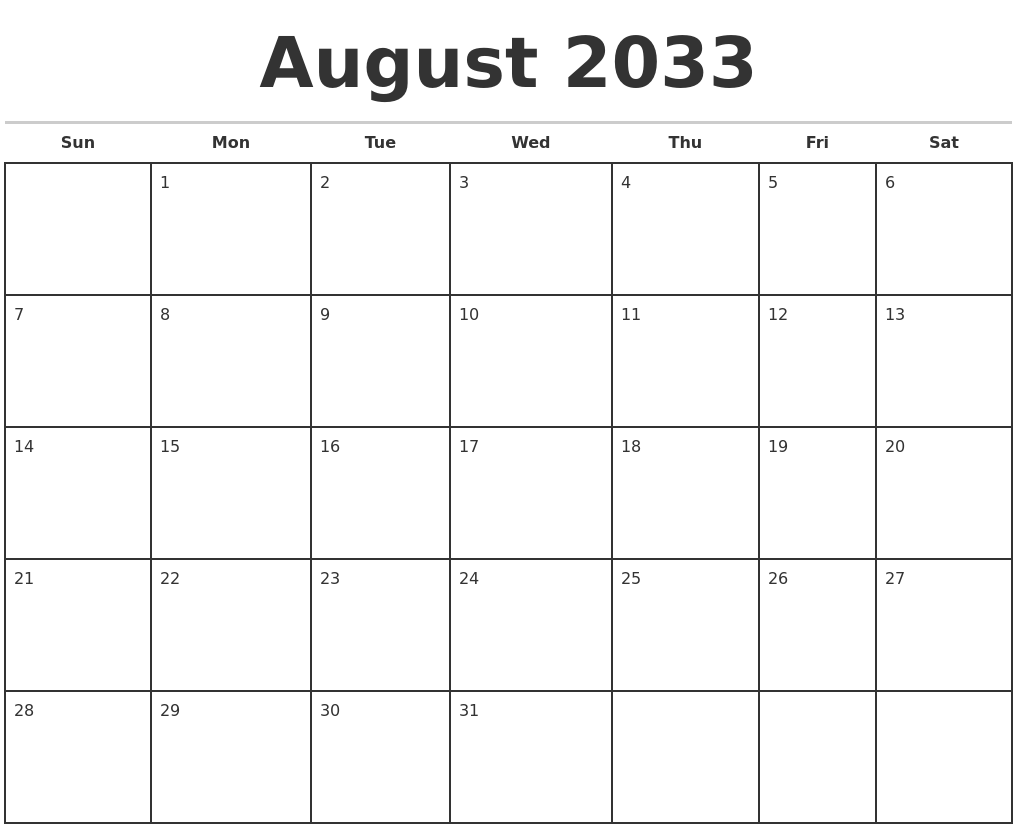 August 2033 Monthly Calendar Template