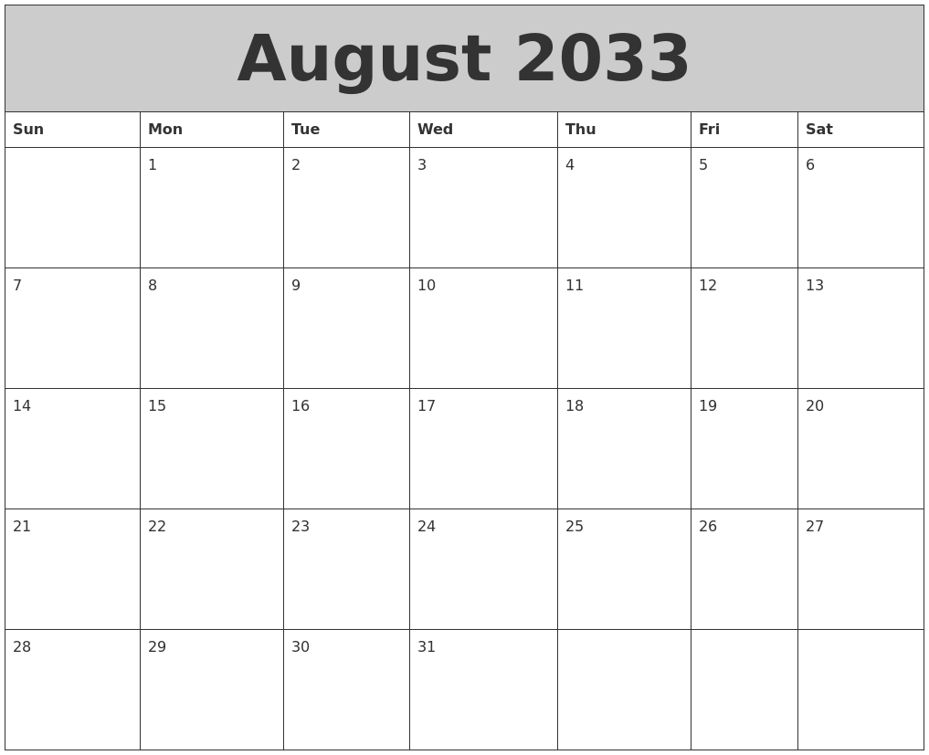 August 2033 My Calendar