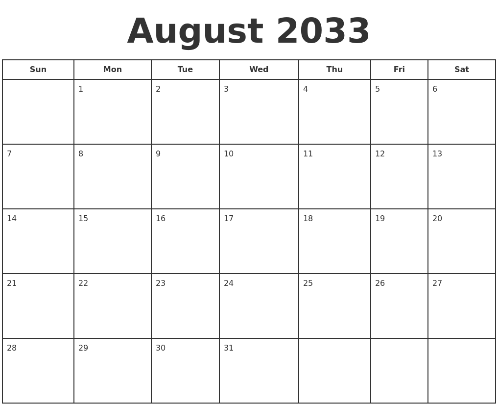 August 2033 Print A Calendar