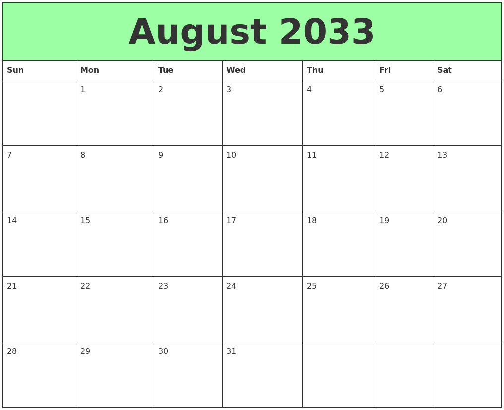 August 2033 Printable Calendars