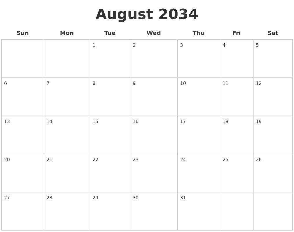 August 2034 Blank Calendar Pages