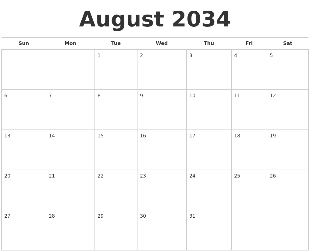 August 2034 Calendars Free