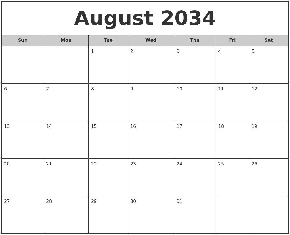 August 2034 Free Monthly Calendar