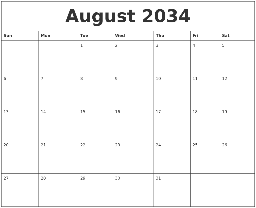 August 2034 Large Printable Calendar