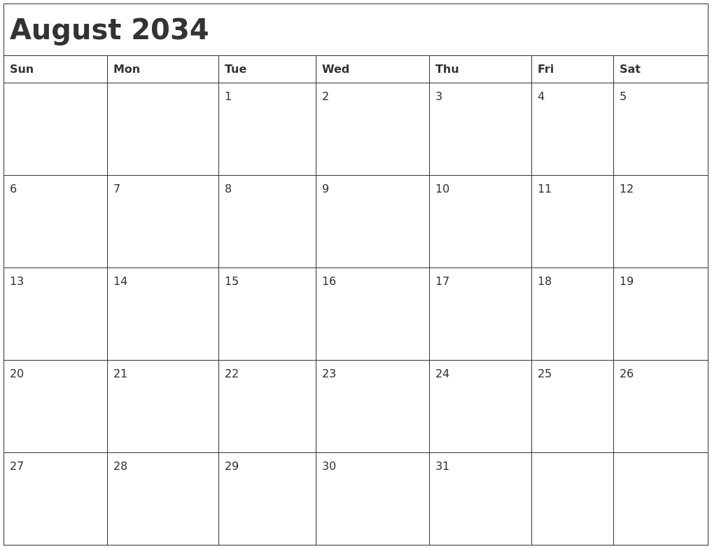 August 2034 Month Calendar