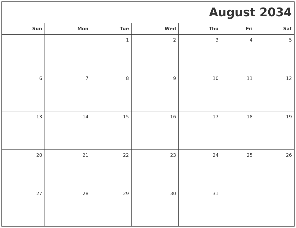 August 2034 Printable Blank Calendar