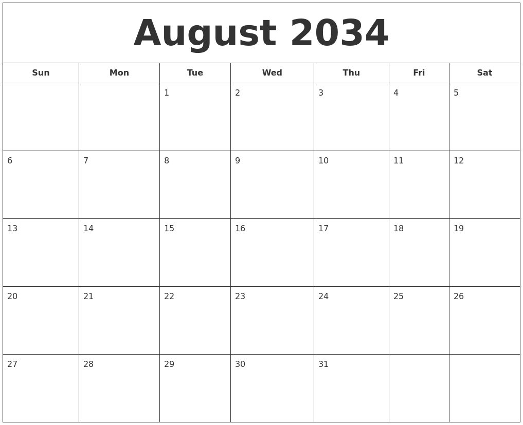 August 2034 Printable Calendar