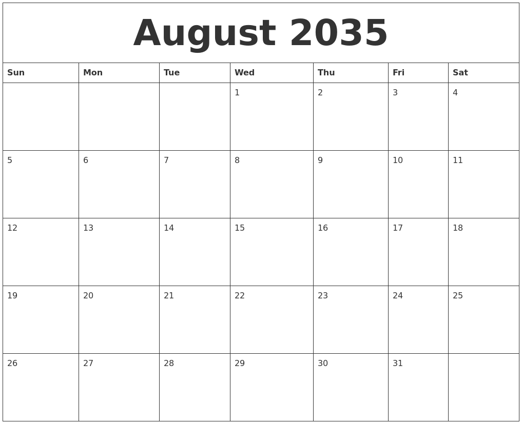 August 2035 Birthday Calendar Template