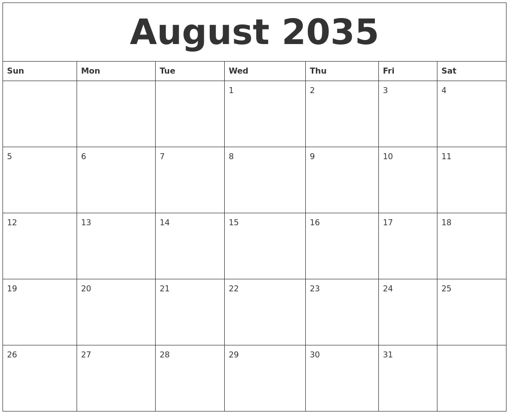 August 2035 Blank Monthly Calendar Pdf