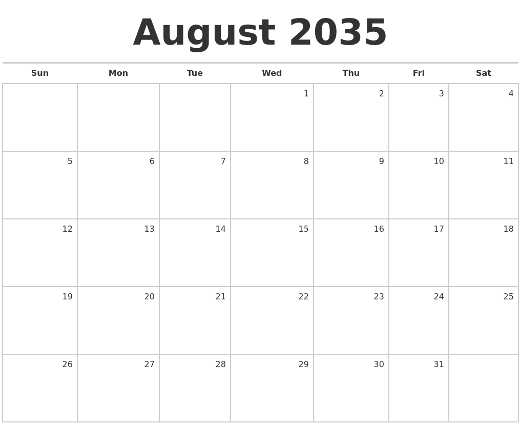 August 2035 Blank Monthly Calendar